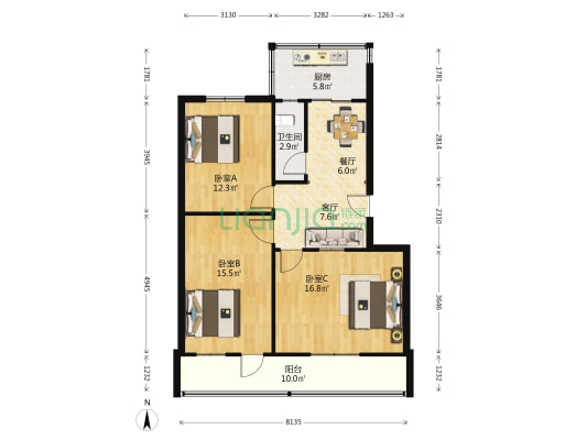 起重机械设备厂宿舍 3室2厅1卫 86平方