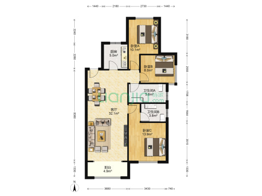 上善颐园含芳苑 3室1厅2卫 126平方
