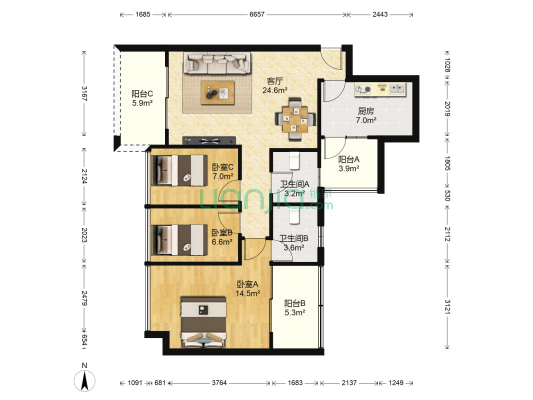 懿花园 3室1厅2卫 89平方