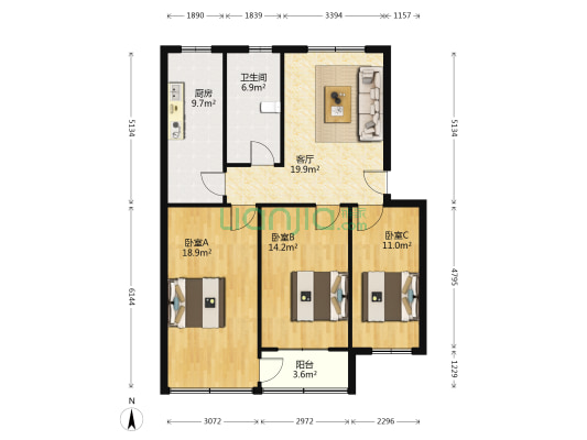 商业小区 3室1厅1卫 100平方