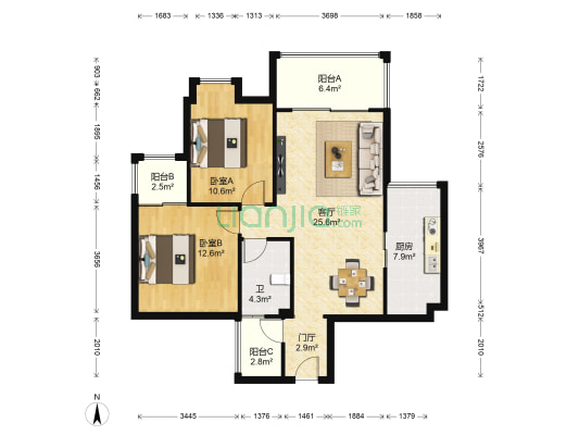 福康瑞琪曼二期 2室1厅1卫 91平方