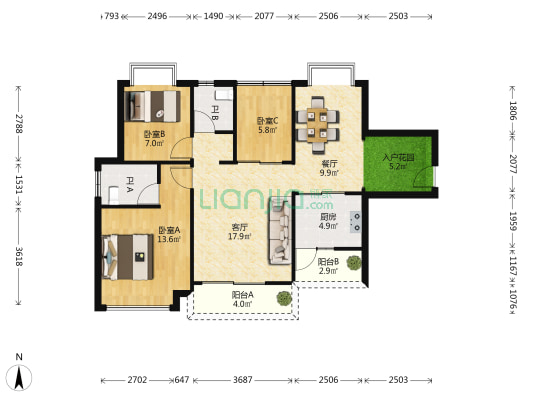康和花园 3室2厅2卫 89平方