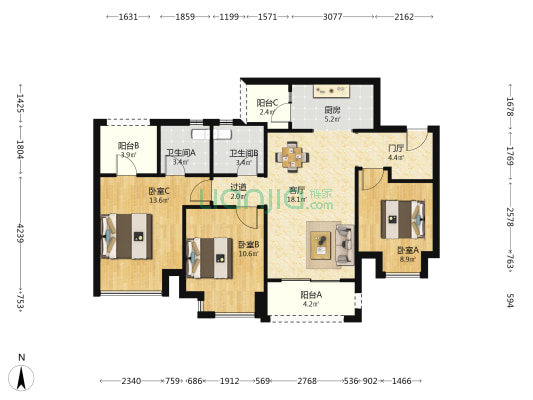 联发黛山璟悦 3室1厅2卫 88平方