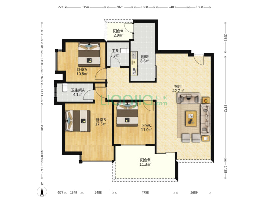 时代广场 3室1厅2卫 134平方