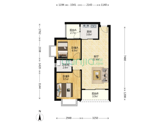 竹馨苑 2室1厅1卫 63平方