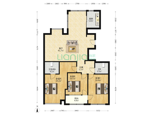 明珠公馆 3室1厅2卫 136平方