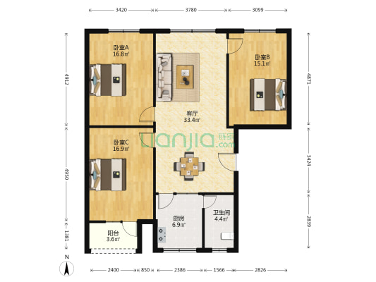 长沙路东二段68号 3室1厅1卫 117平方
