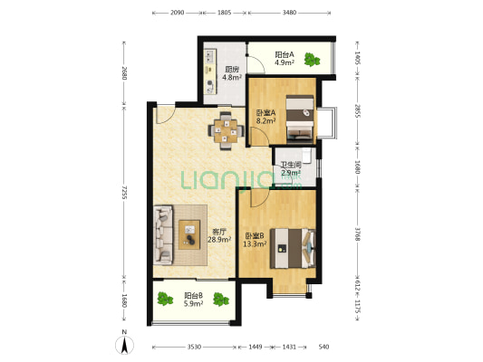 耀辉美好家园 2室1厅1卫 84平方