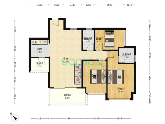东域紫荆园 3室1厅2卫 104平方