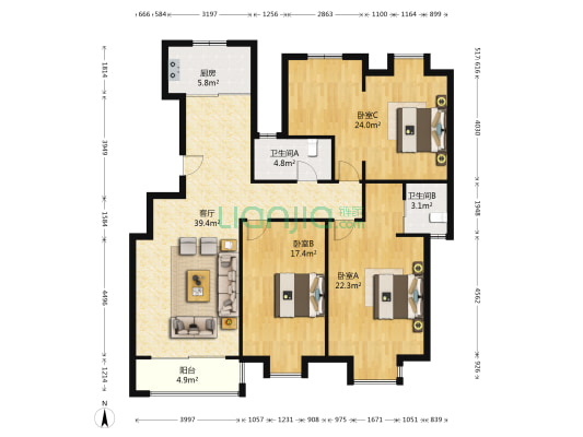 名园 3室1厅2卫 149平方