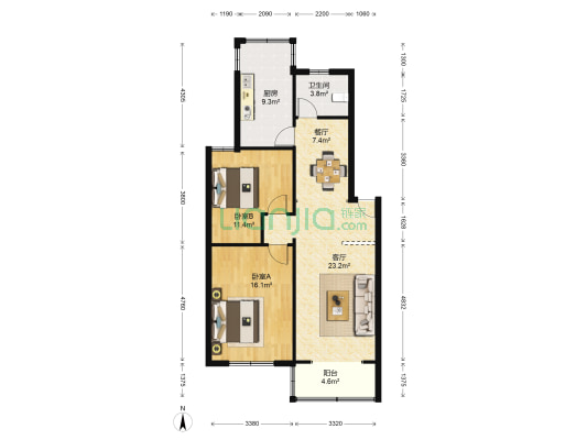 富甸公寓 2室2厅1卫 97平方