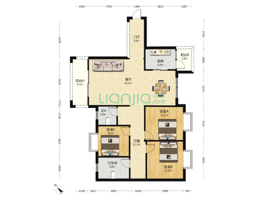 一号大院 3室1厅2卫 128平方