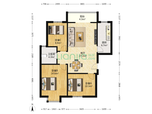 荣城名苑 3室1厅1卫 104平方