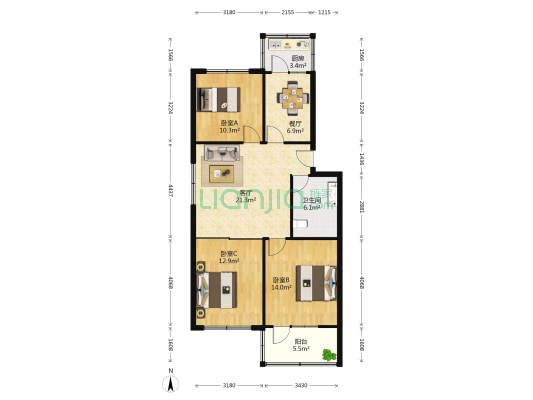 金安里 3室2厅1卫 100平方