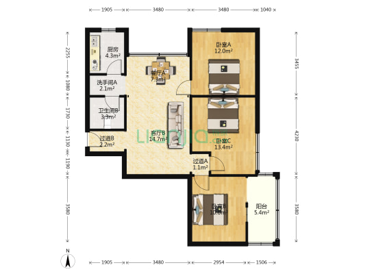 市蔬菜水产公司宿舍 3室2厅2卫 85平方