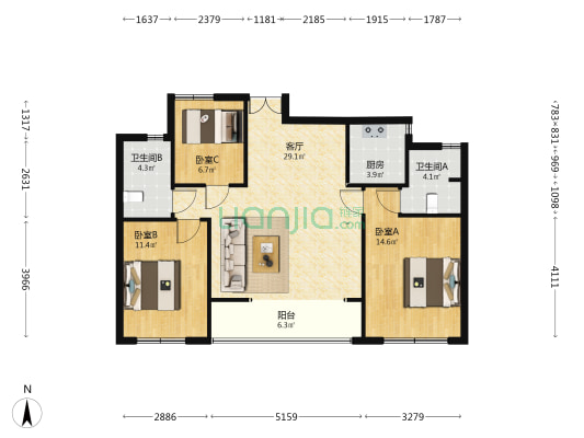 月语和风里 3室1厅2卫 102平方