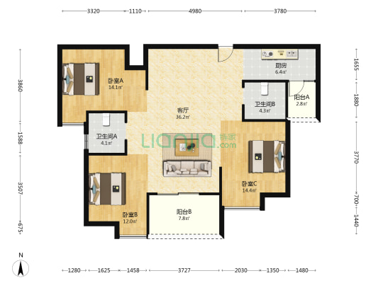 瑞阳豪庭 3室1厅2卫 124平方