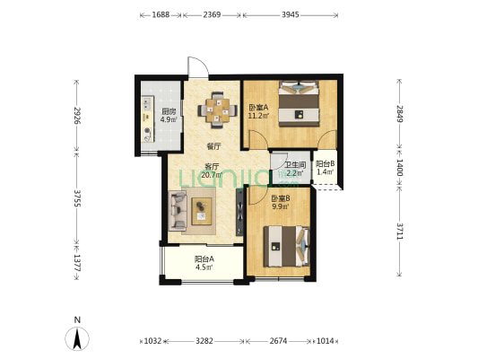 百盛步行街广场 2室1厅1卫 74平方