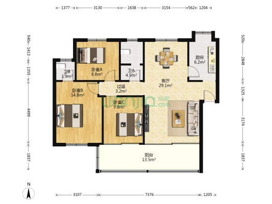 丰收花园小区 3室1厅2卫 103平方