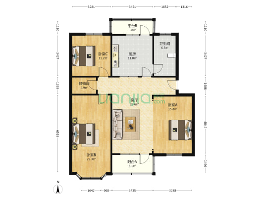 县前新村 3室1厅1卫 120平方