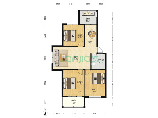 西城公寓 3室1厅1卫 90平方