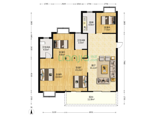 华云中梁首府 4室1厅2卫 128平方
