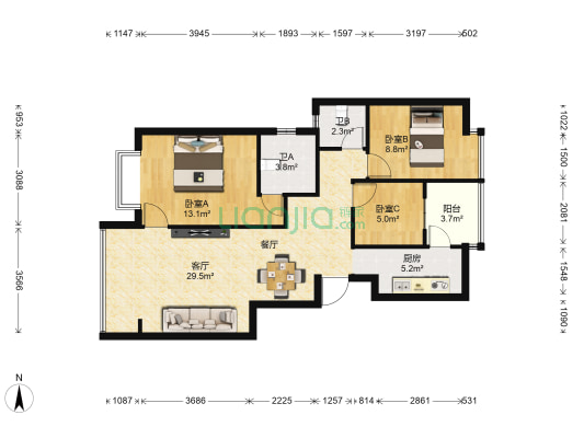 铭诚雅苑 3室1厅2卫 91平方