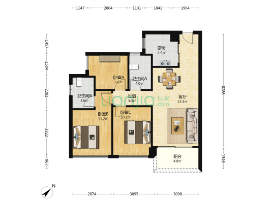 满京华云著华庭 3室1厅2卫 88平方