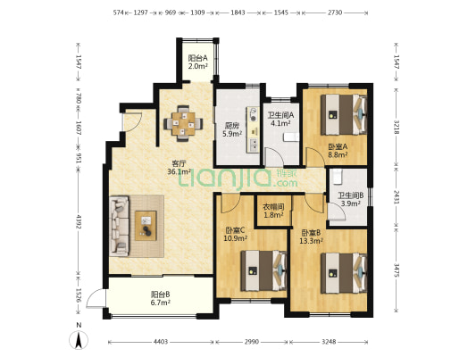 冠成国际 3室1厅2卫 134平方