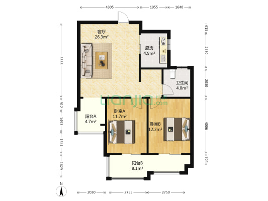 绿地中央公元 2室1厅1卫 91平方