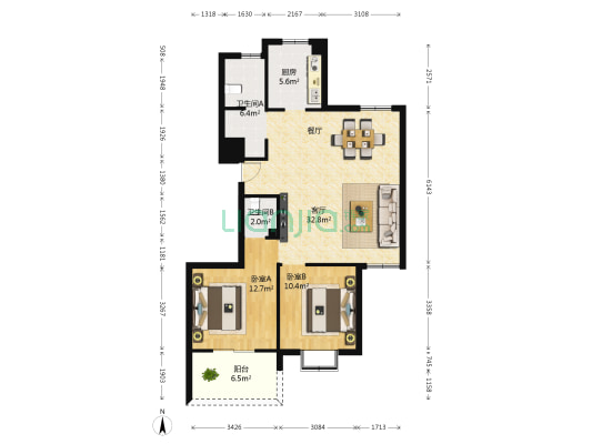 泓福壹号 2室1厅2卫 104平方