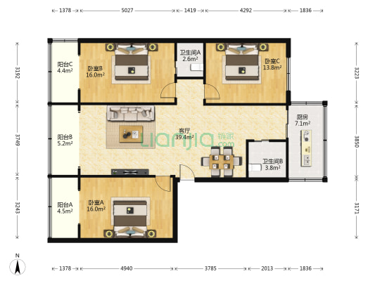 高升桥南街11号 3室1厅2卫 128平方