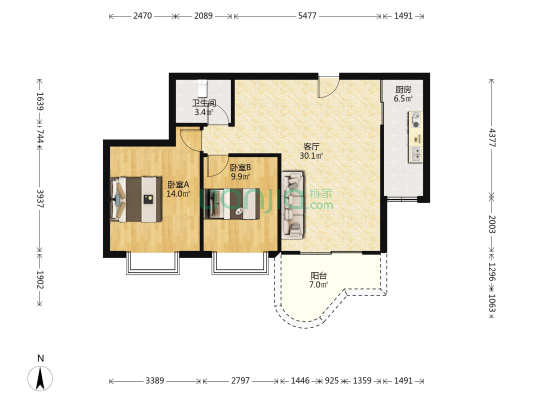 正规两室一厅，住家装修，地铁门口，朝小区-户型图