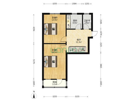 集贤北路30号 2室1厅1卫 64平方