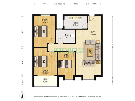 鑫坤临水宜家 3室1厅1卫 117平方