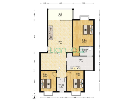 新天太阳城 3室1厅2卫 128平方
