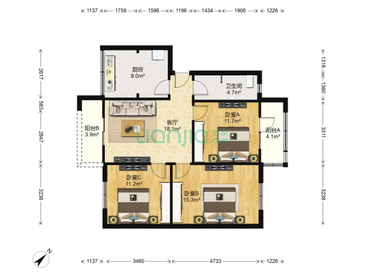 滨河南街15号 3室1厅1卫 80平方