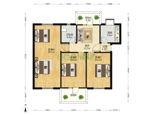 建工局宿舍 3室1厅1卫 105平方