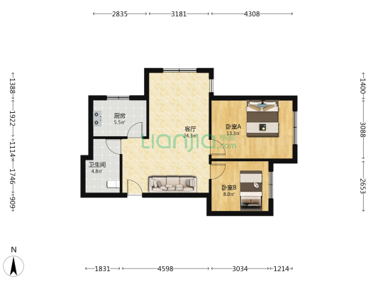 鹏渤印象城牛津花园 2室2厅 东北-户型图