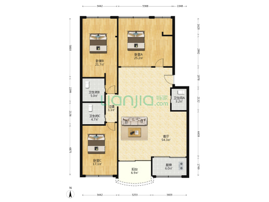 宾和大厦 3室1厅3卫 170平方