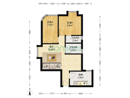 华富广场 2室1厅2卫 67平方