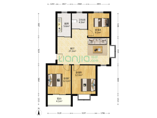 隆和伊顿阳光 3室1厅1卫 90平方