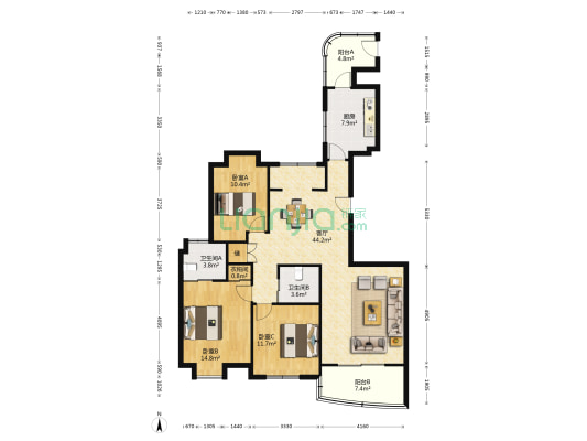 银泰花园 3室1厅2卫 142平方