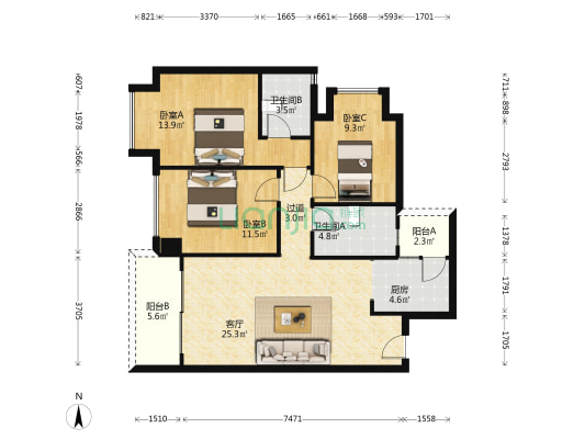 锦庐（一期） 3室1厅2卫 98平方
