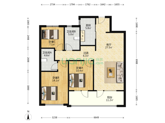 东方影都星朗 3室1厅2卫 121平方