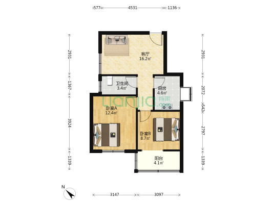 电车宿舍 2室1厅1卫 62平方