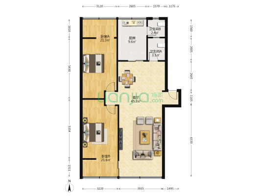 水碾河南三街45号 2室1厅2卫 129平方