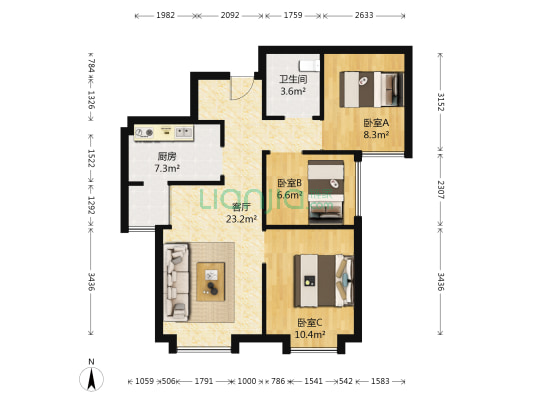 富力又一城合雅园 3室1厅1卫 87平方