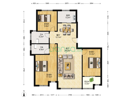 湘湘恬园 3室2厅2卫 114平方