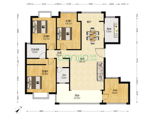 北尚御景A区 4室1厅2卫 133平方